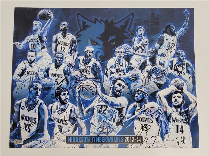 2013-14 Minnesota Timberwolves Team Signed 18x22 Poster LE #95/600 w/ Beckett LOA