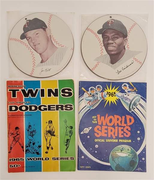 Lot of 2 Minnesota Twins 1965 World Series Programs & 2 Jim Kaat & Leo Cardenas Spare Times