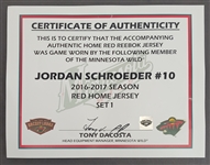 Jordan Schroeder 2016-17 Minnesota Wild Set #1 Game Used Jersey w/ Wild LOA