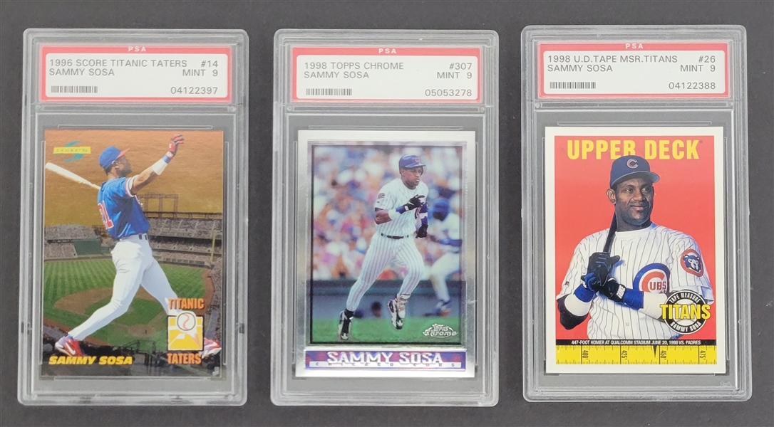 Lot of 3 Sammy Sosa Upper Deck, Topps, & Score PSA 9 Graded Cards 