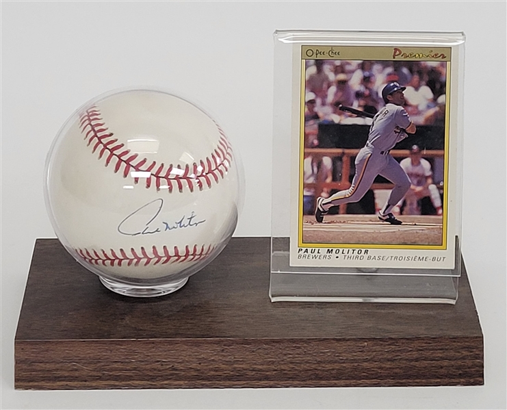 Paul Molitor Autographed 93 World Series Baseball & Card w/ Display