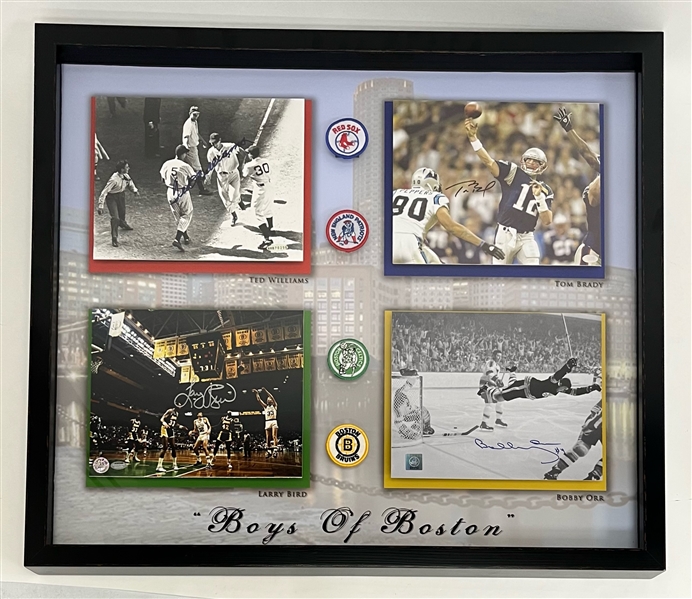 "Boys of Boston" Ted Williams, Larry Bird, Bobby Orr, & Tom Brady Autographed 8x10 Photo Display
