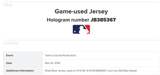 Max Kepler 2016 Minnesota Twins Game Used & Autographed Rookie Jersey MLB