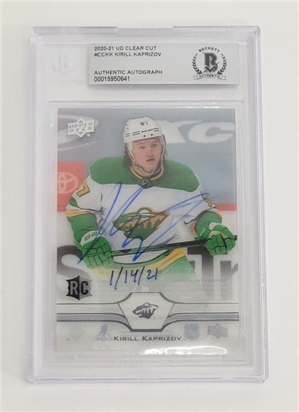 Kirill Kaprizov Autographed & Inscribed 2020-21 UD Clear Cut #CCKK Rookie Card Slabbed Beckett