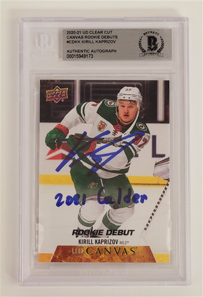 Kirill Kaprizov Autographed & Inscribed 2020-21 UD Clear Cut Canvas Rookie Debuts #CDKK Card Slabbed Beckett