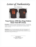 Tony Gwynn 1988 San Diego Padres Game Used BP Jersey w/ Dave Miedema LOA