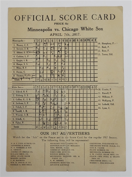 1917 Minneapolis vs. Chicago White Sox Official Score Card w/ Shoeless Joe Jackson