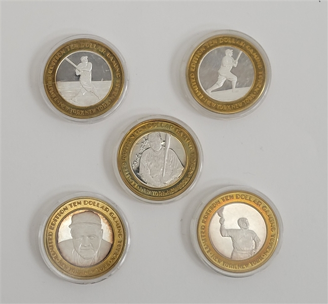 Complete Limited Edition Set of 5 Ten Dollar New York New York Casino Gaming Tokens w/ Babe Ruth Depictions