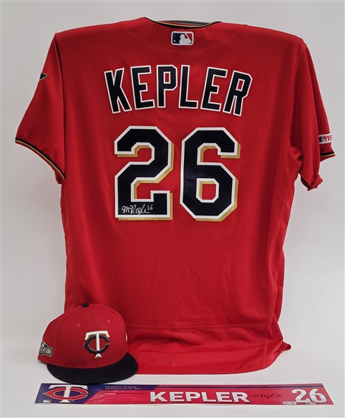 Max Kepler Game Used Lot w/ Jersey, Hat, & Locker Name Plate Beckett & MLB