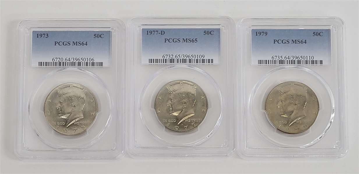 Lot of (3) 1973, 1977-D, & 1979 Half Dollar Coins Graded