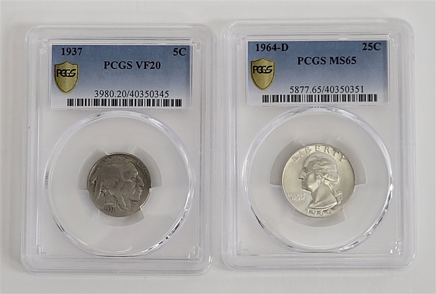 Lot of (2) 1937 Nickel & 1964-D Quarter Coins Graded