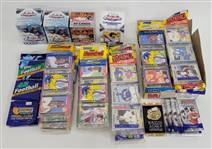 Collection of Opened Baseball Card Boxes & Unopened Baseball & Football Rack Packs