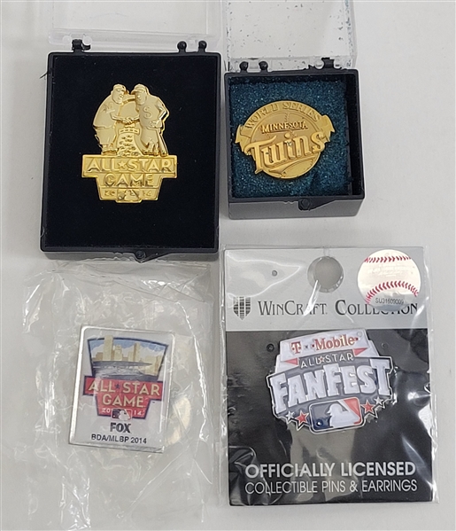 Bert Blyleven Lot of (4) Minnesota Twins 1987 World Series and 2014 All Star Game Pins w/Blyleven Signed Letter of Provenance