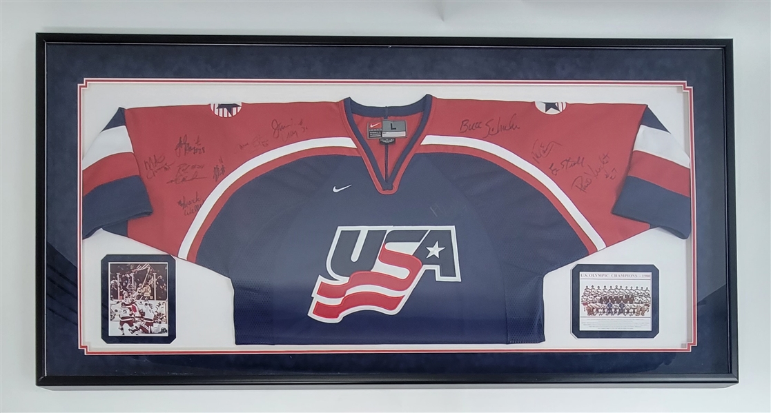 1980 Miracle Hockey Team Autographed & Framed USA Jersey w/ 11 Signatures Beckett LOA