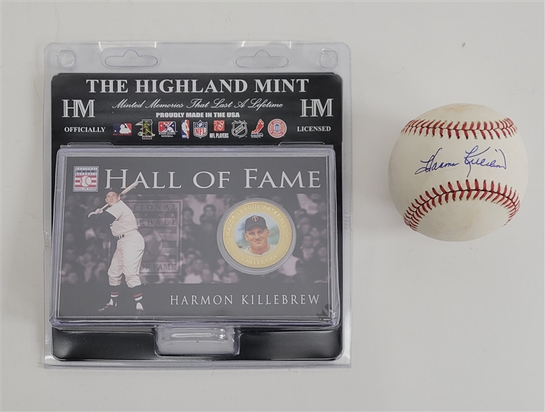 Harmon Killebrew Highland Mint Coin & Autographed OML Baseball JSA