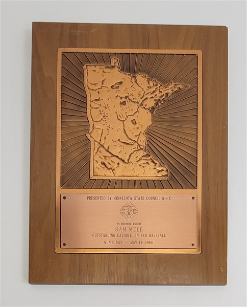 Sam Mele (1965 AL Champs Manager) Autographed 1966 Minnesota State Bronze Plaque From Knights of Columbus