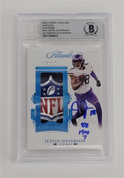 Justin Jefferson Autographed & Inscribed 2021 Panini Flawless Patches Platinum #15 Card Slabbed Beckett