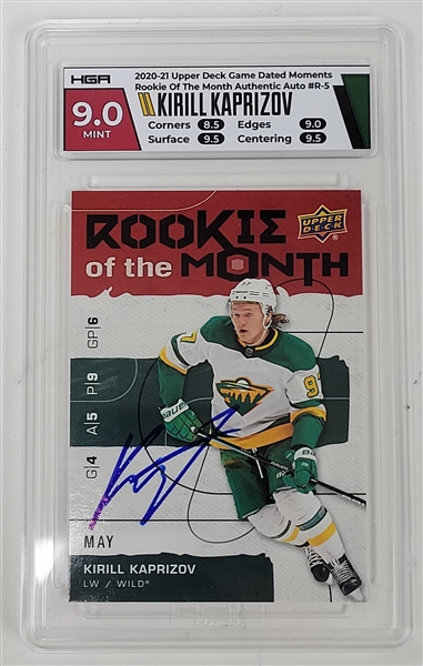 Kirill Kaprizov Autographed 2020-21 Upper Deck Game Dated Moments Rookie of the Month #R-5 Rookie Card HGA 9