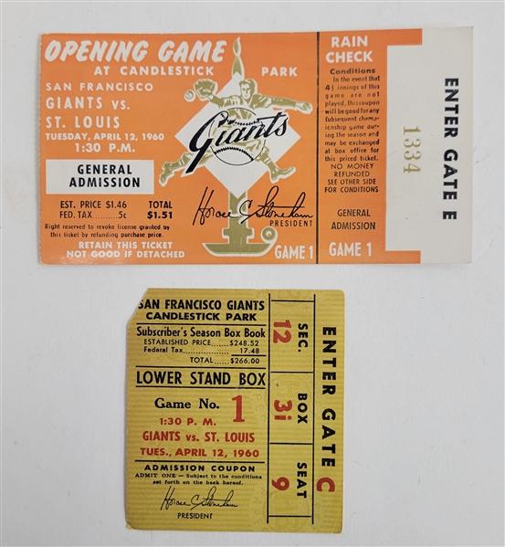 Lot of (2) 1960 Candlestick Park Opening Game Tickets