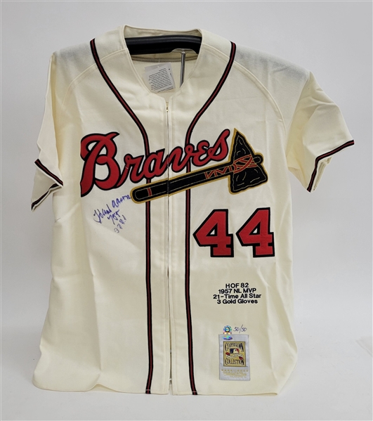 Hank Aaron Autographed & Inscribed Mitchell & Ness Cooperstown Jersey LE #50/50 Steiner & MLB