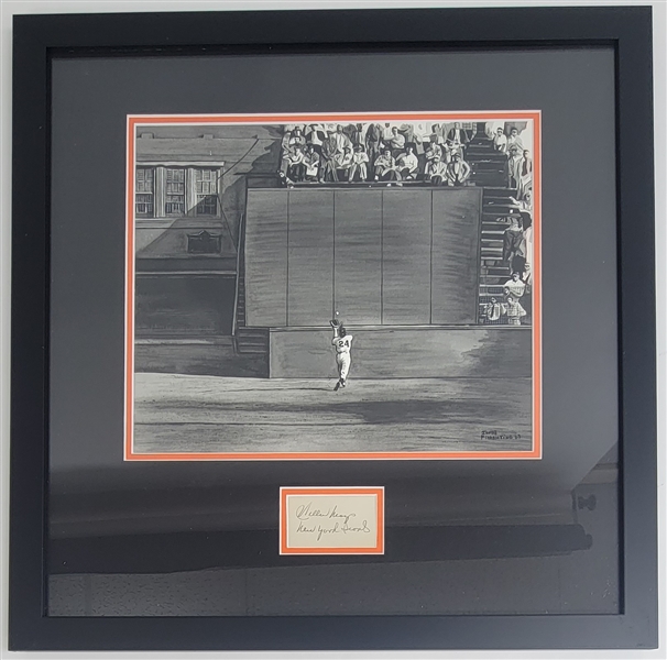 Willie Mays Original 12x14 James Fiorentino Watercolor Painting Framed 22x22 w/ Vintage Cut Signature JSA LOA