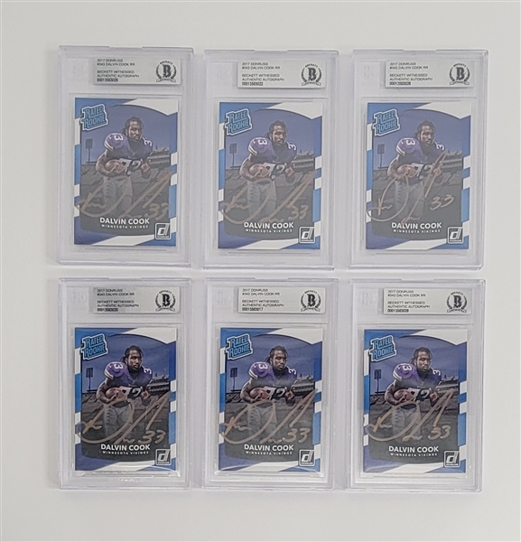 Lot of 6 Dalvin Cook Autographed Minnesota Vikings 2017 Donruss Rated Rookie Cards Beckett