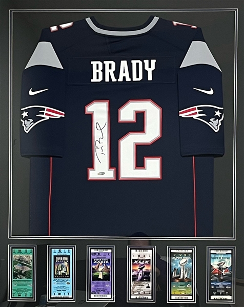 Tom Brady Autographed & Framed New England Patriots Jersey w/ Replica Tickets Tristar