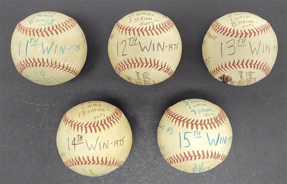 1975 Bert Blyleven Lot of (5) Complete Game Final Wins of the Year Minnesota Twins Season Game Used Stat Baseballs w/Blyleven Signed Letter of Provenance 