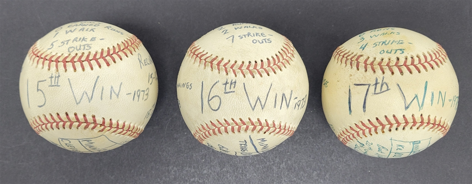 1973 Bert Blyleven Lot of (3) Wins 15th-17th Minnesota Twins Complete Game Final Out Used Stat Baseballs Twins Records w/Blyleven Signed Letter of Provenance