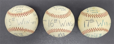 1973 Bert Blyleven Lot of (3) Wins 15th-17th Minnesota Twins Complete Game Final Out Used Stat Baseballs Twins Records w/Blyleven Signed Letter of Provenance