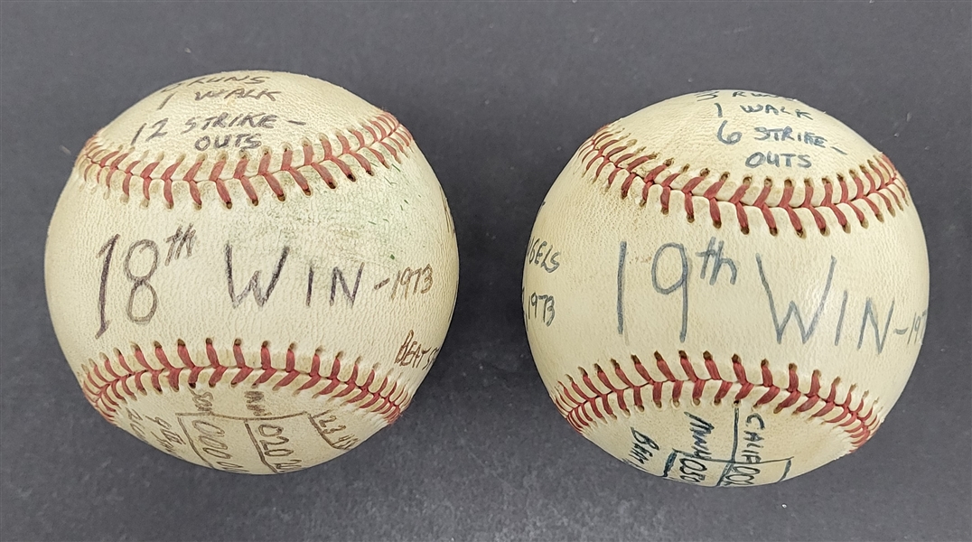 1973 Bert Blyleven Lot of (2) Final Wins 18th-19th Minnesota Twins Game Used Stat Baseballs Twins Records w/Blyleven Signed Letter of Provenance 