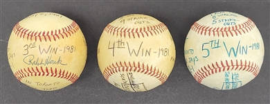 1981 Bert Blyleven Lot of (3) Wins 3rd-5th Cleveland Indians Game Used Stat Baseballs w/Blyleven Signed Letter of Provenance 
