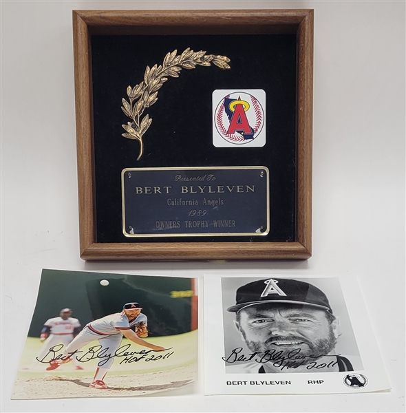 1989 Bert Blyleven California Angels Owners Trophy Award and (2) Signed Photos w/Blyleven Signed Letter of Provenance