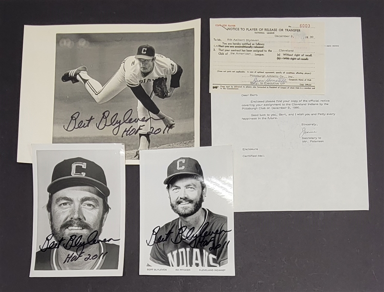 1980 Bert Blyleven Notice of Player Release from Pirates to Indians and Signed (3) Photo Lot w/Blyleven Signed Letter of Provenance 