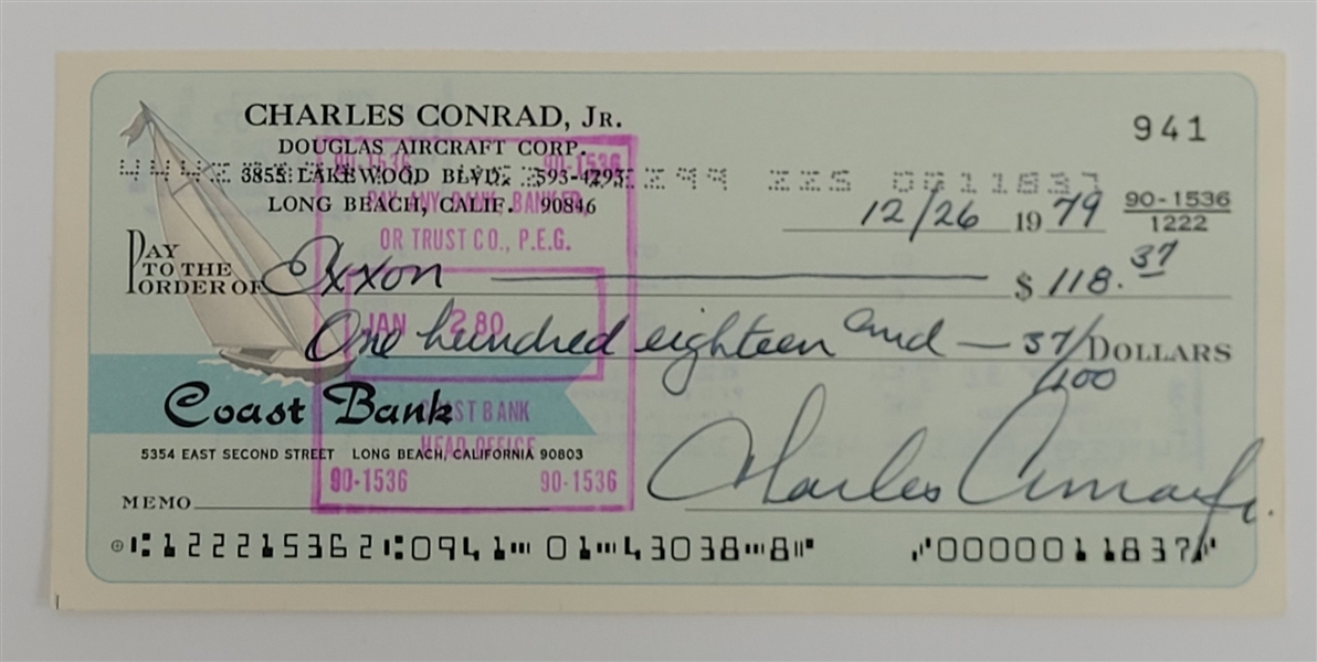 Charles Conrad Jr. Signed Check Beckett