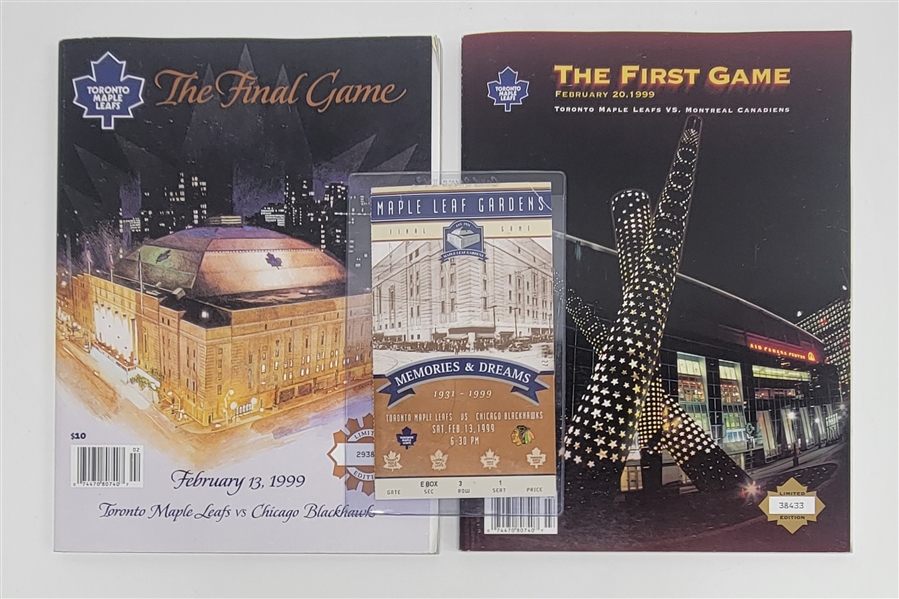 Lot of 2 Toronto Maple Leafs First Game & Final Game Magazines In Arenas w/ Ticket Stub From Final Game