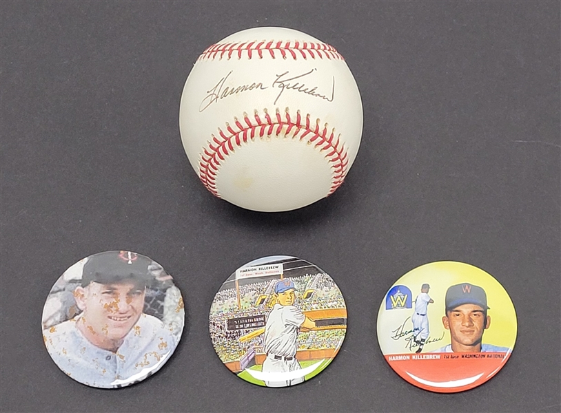 Harmon Killebrew Autographed Baseball + 3 Killebrew Buttons