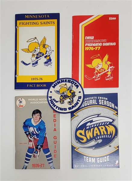 Lot of 4 Minnesota Fighting Saints, WHA, & Minnesota Swarm Media Guides + Original Fighting Saints Shoulder Patch