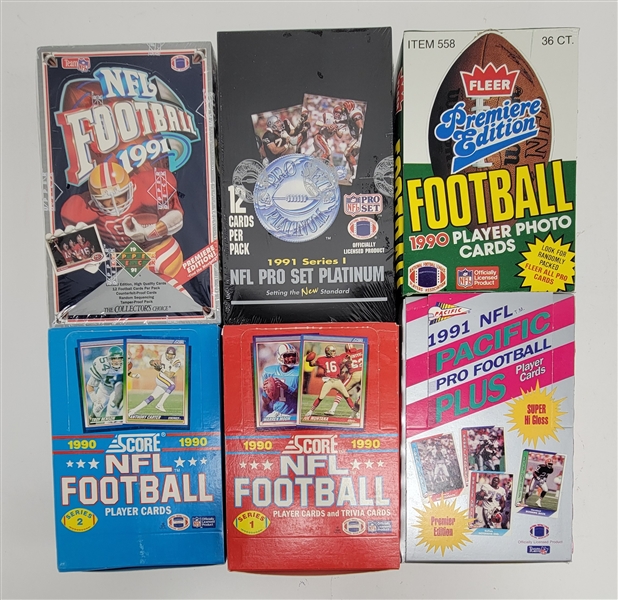 Lot of (6) 1990-91 Football Card Boxes - 2 Factory Sealed