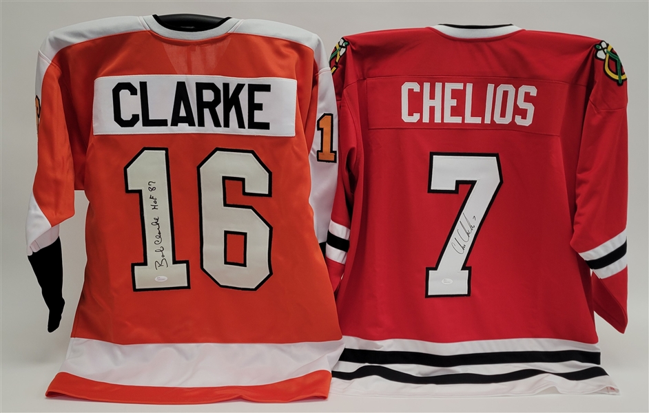 Lot of 2 Chris Chelios & Bobby Clarke Autographed Custom Jerseys JSA