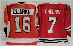 Lot of 2 Chris Chelios & Bobby Clarke Autographed Custom Jerseys JSA