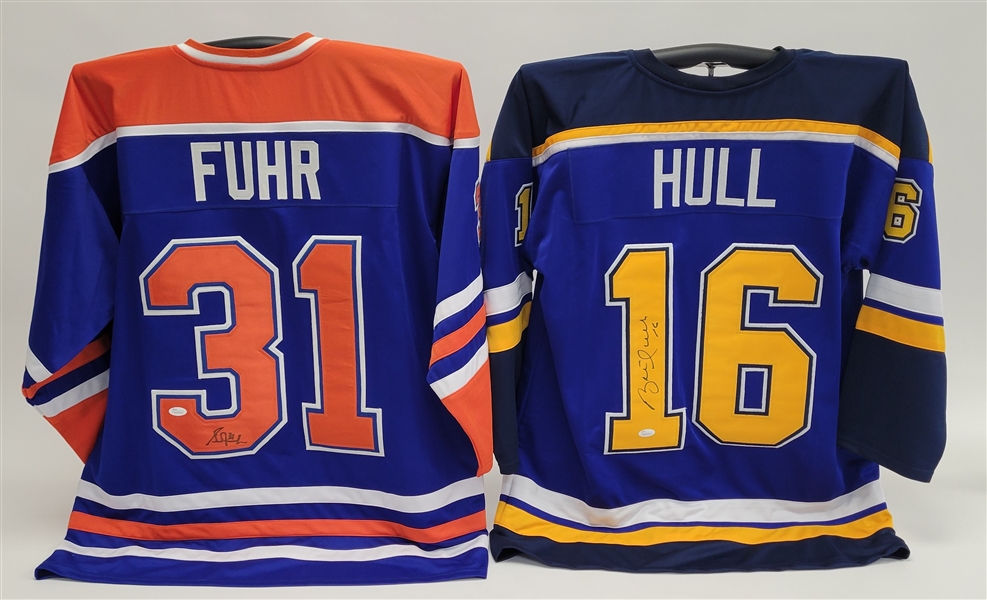 Lot of 2 Brett Hull & Grant Fuhr Autographed Custom Jerseys JSA