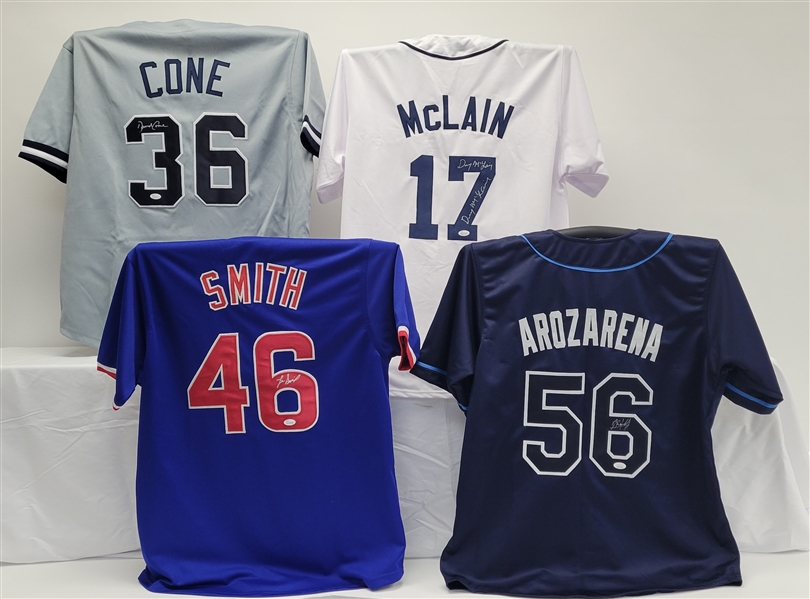 Lot of 4 Randy Arozarena, Lee Smith, Dave Cone, & Denny McLain Autographed Custom Jerseys JSA