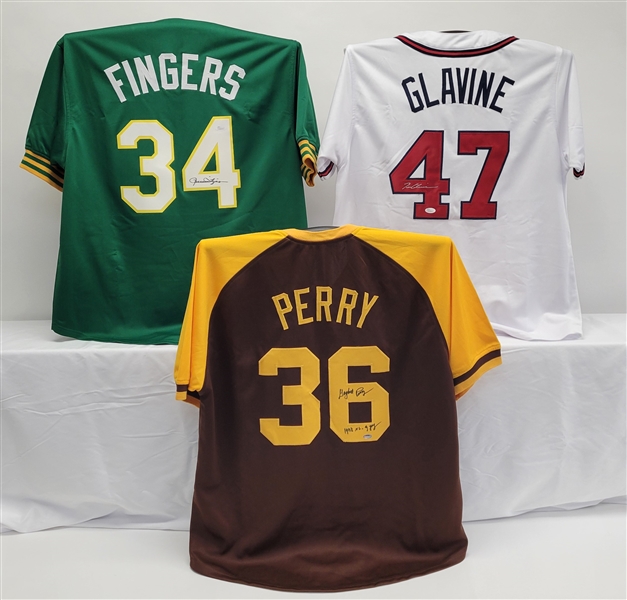 Lot of 3 Rollie Fingers, Tom Glavine, & Gaylord Perry Autographed Custom Jerseys