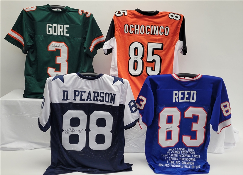 Lot of 4 Andre Reed, Drew Pearson, Chad Ochocinco, & Frank Gore Autographed Custom Jerseys Beckett & JSA