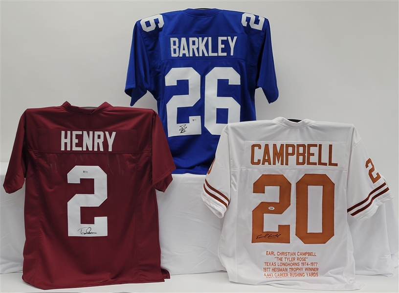 Lot of 3 Derrick Henry, Saquon Barkley, & Earl Campbell Autographed Custom Jerseys Beckett & PSA/DNA