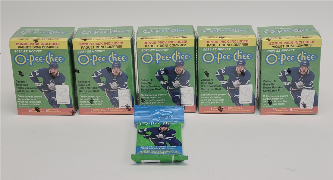 Lot of 6 Factory Sealed 2021-22 O-Pee-Chee Hockey Blaster Boxes & Packs