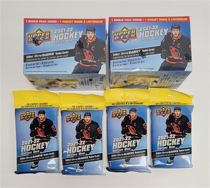 Lot of 6 Factory Sealed 2021-22 Upper Deck Series One Hockey Card Packs & Blaster Boxes