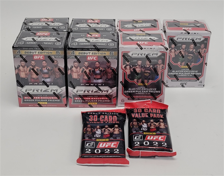 Lot of 9 Factory Sealed 2021-22 Panini UFC Blaster Boxes & Packs