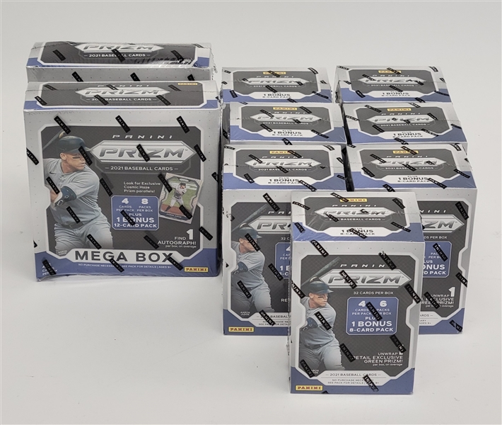 Lot of 9 Factory Sealed 2021 Panini Prizm Baseball Mega & Blaster Boxes